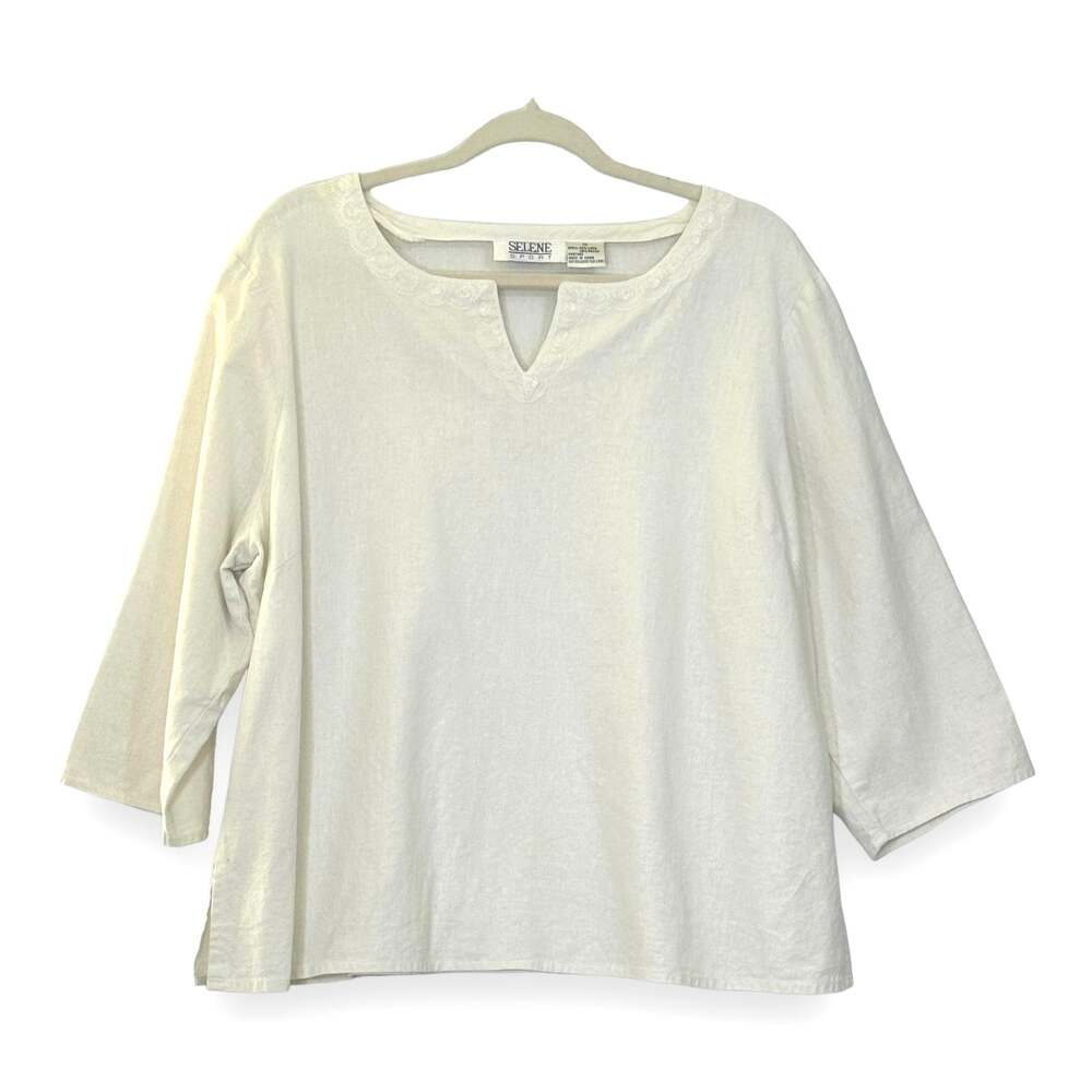 Ivory Linen Blend Notch Neck Tunic Lace Detail 1X Pullover Minimalist Casual